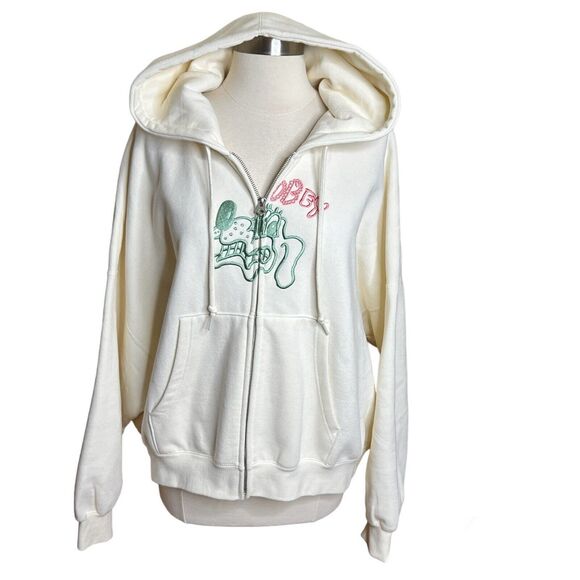 Obey Zip Up Hoodie Womens Large Ivory Wavy Dog Print Fleece Lined Sweater - Picture 1 of 10